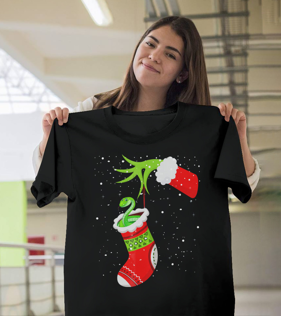 Christmas Ball Python Stocking Grinch Hand T-Shirt