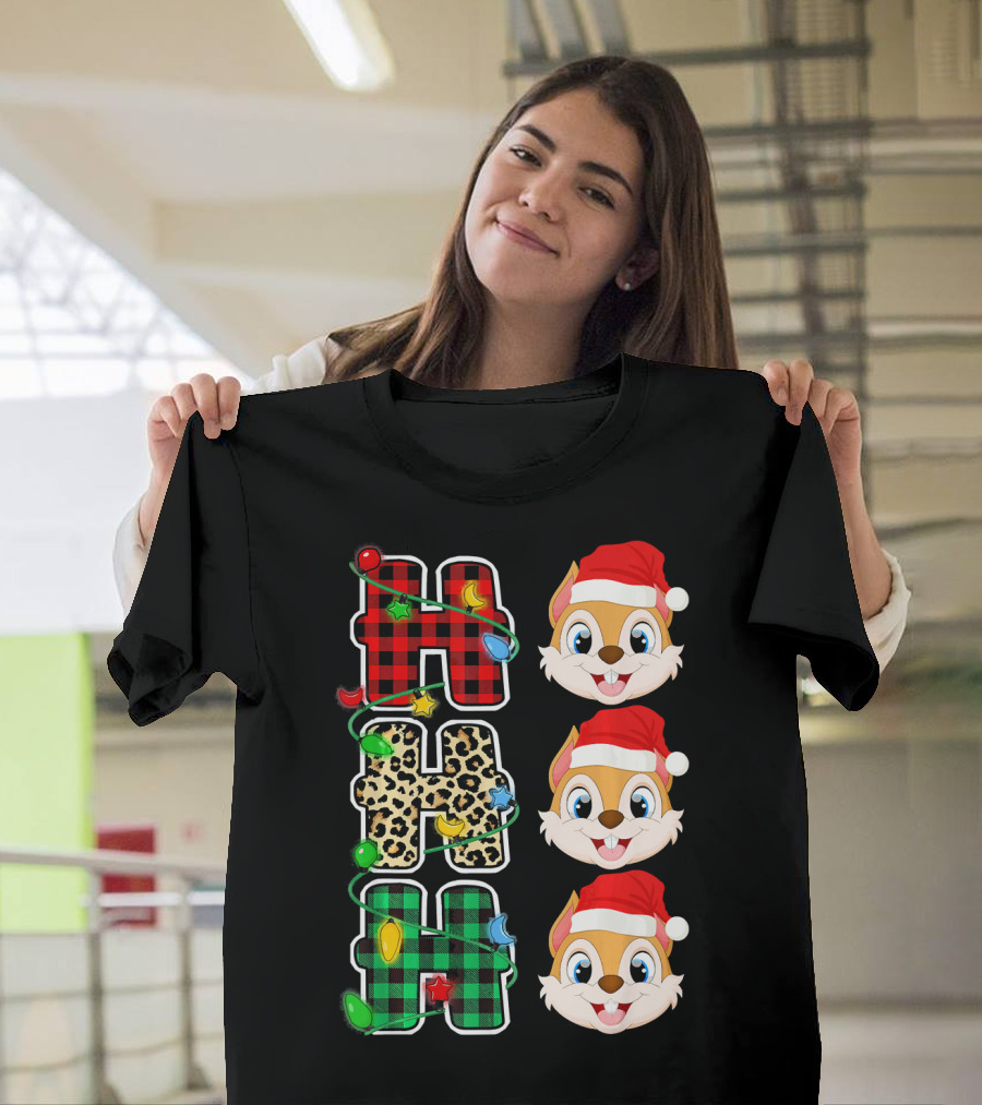 HO HO HO Santa Hat Chipmunk Plaid Leopard Christmas Lights T-Shirt