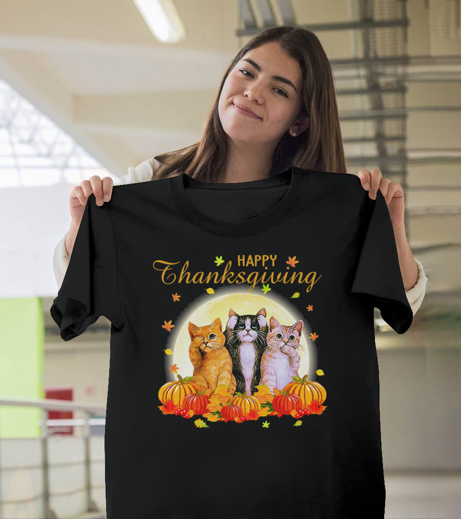 Happy Thanksgiving Day Cats with Pumpkins and Fall Leaves T-Shirt