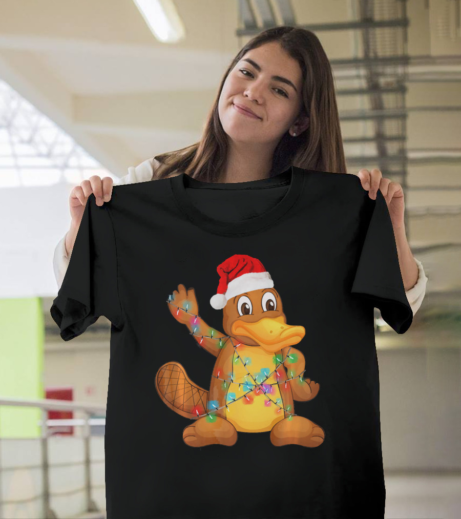 Funny Platypus Santa Christmas Tree Lights Wrapped T-Shirt