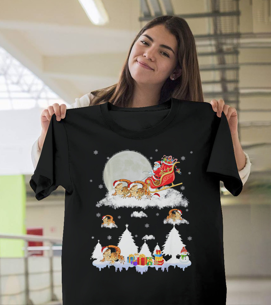 Funny Bearded Dragon Christmas Santa Sled Moon Snowflakes T-Shirt