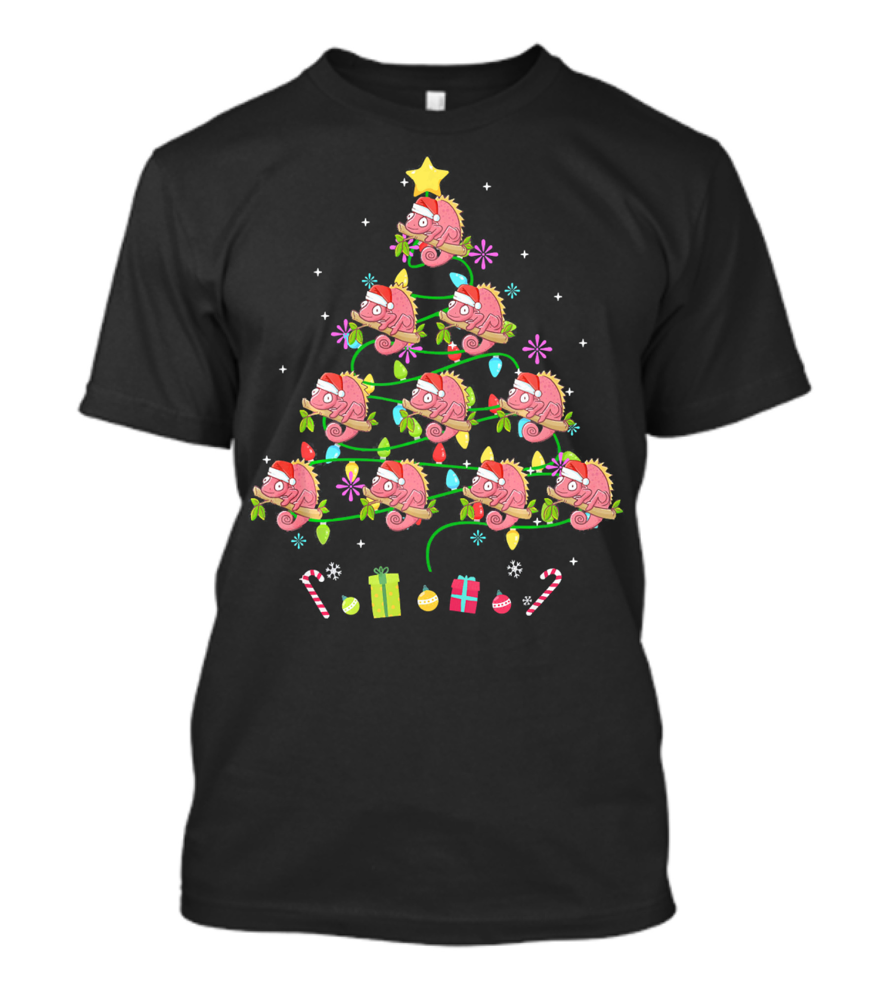 Funny Chameleon Christmas Tree With Santa Hats And Candy Canes T-Shirt