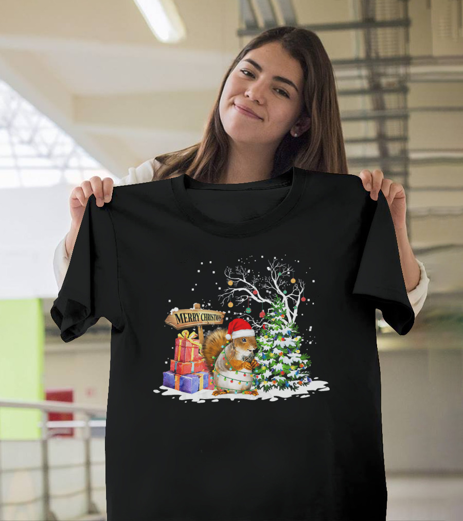 Merry Christmas Funny Squirrel Santa with Gifts and Tree T-Shirt