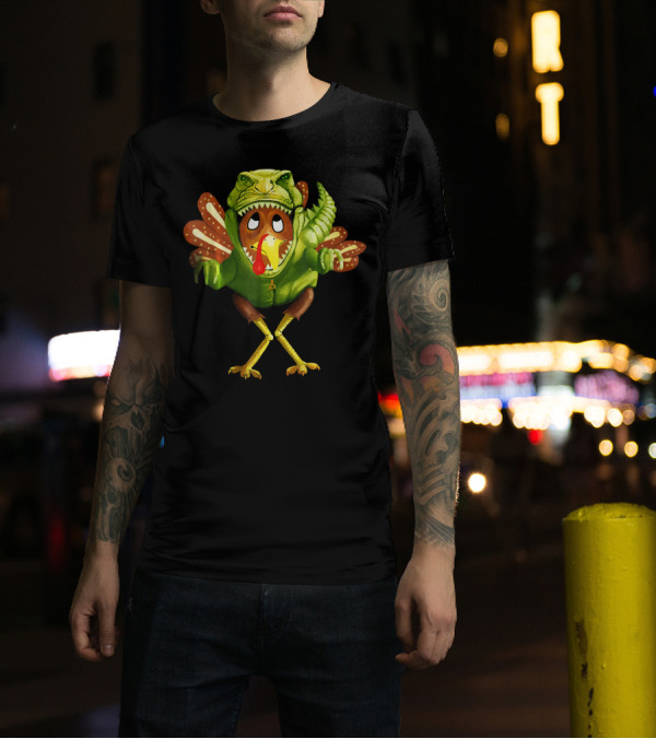 Funny Turkey Panicking In Dinosaur Costume T-Shirt