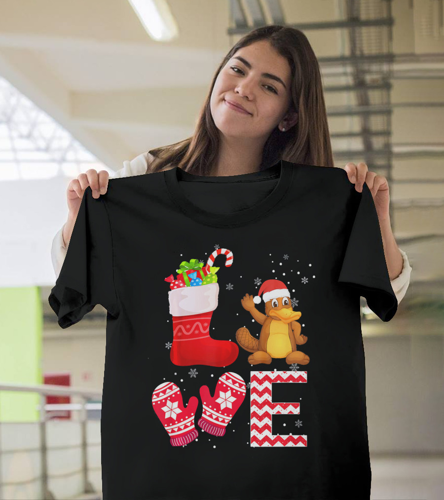 Funny Christmas Platypus Lover Santa Stocking and Mittens T-Shirt