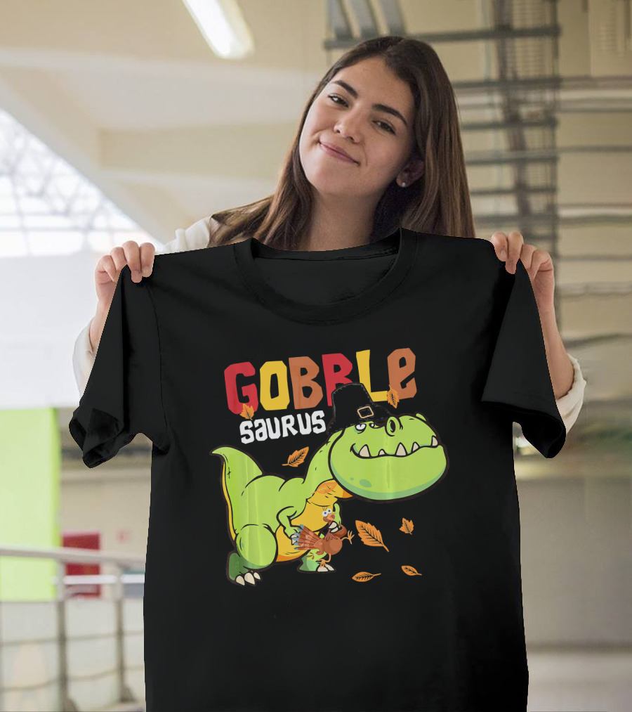 Gobble Saurus Dinosaur Turkey Pilgrim Hat Fall Leaves T-Shirt