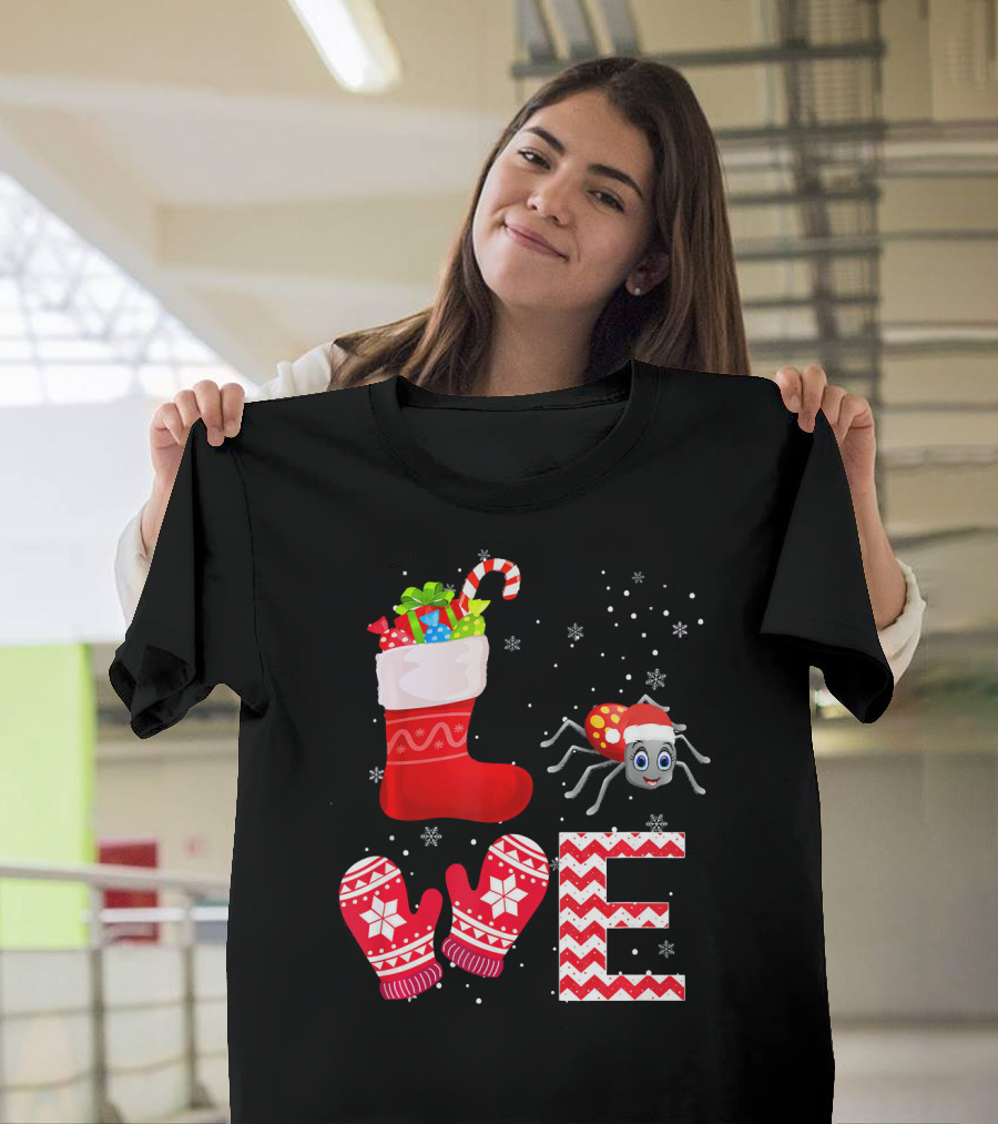 Funny Christmas Tarantula Lover Stocking Mittens Snowflakes T-Shirt