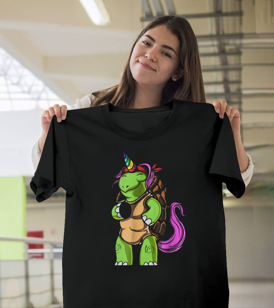 Funny Turtle Unicorn Tortoise With Rainbow Horn And Pink Mane T-Shirt