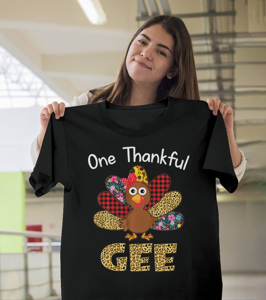 One Thankful Gee Turkey Thanksgiving Mat Plaid Floral Leopard Print T-Shirt
