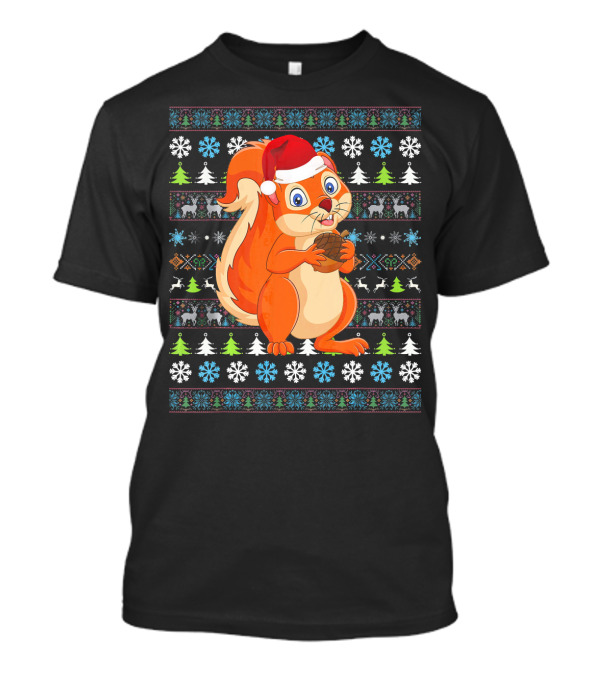 Merry Christmas Squirrel Santa Hat Snowflakes Pine Trees Ugly Holiday T-Shirt