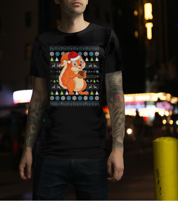 Merry Christmas Squirrel Santa Hat Snowflakes Pine Trees Ugly Holiday T-Shirt