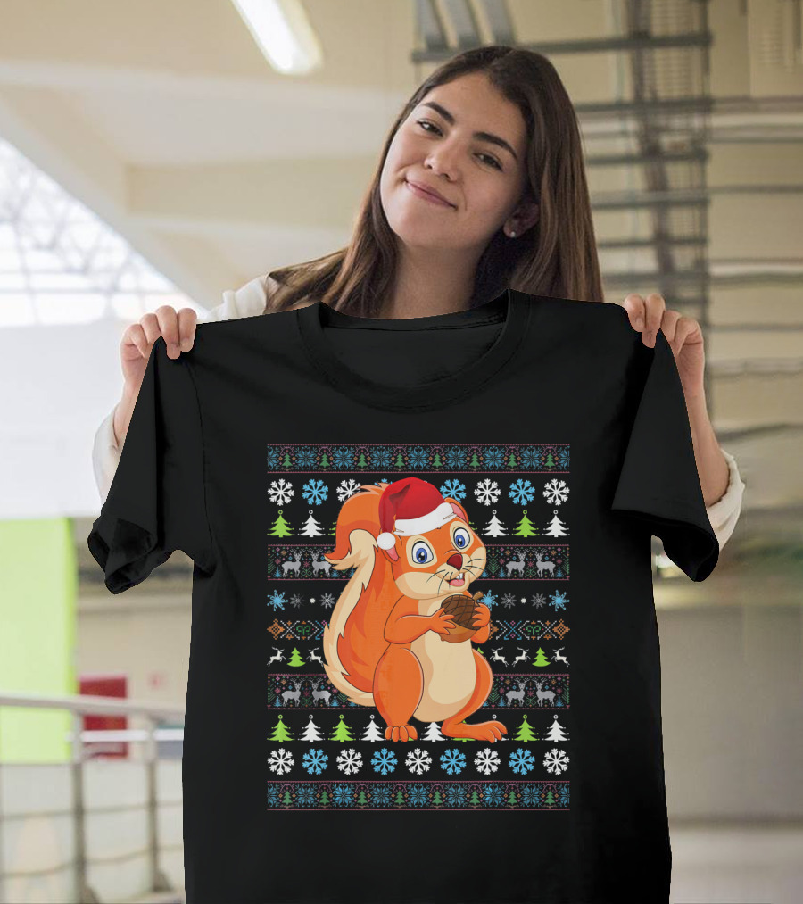 Merry Christmas Squirrel Santa Hat Snowflakes Pine Trees Ugly Holiday T-Shirt