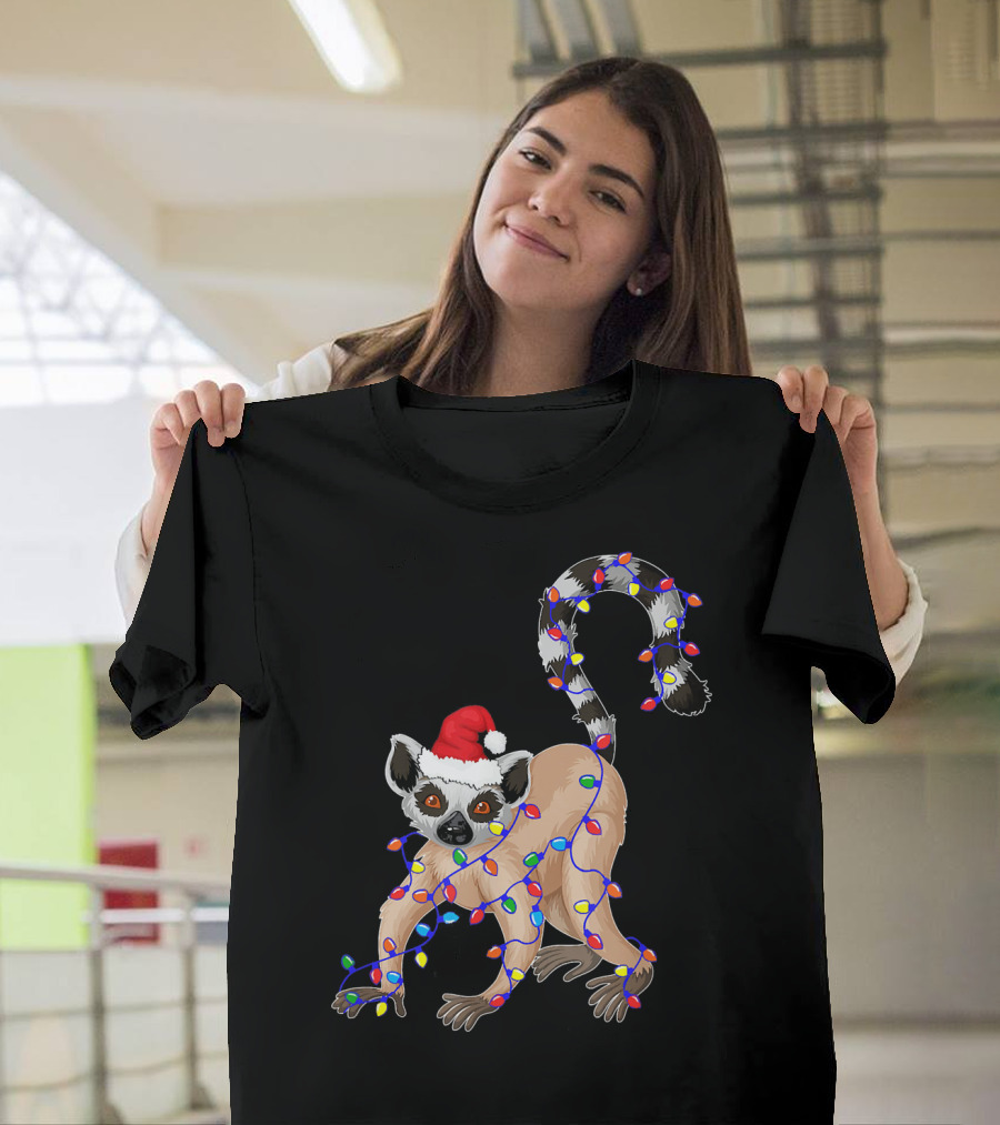 Lemur Wrapped in Christmas Lights with Santa Hat T-Shirt