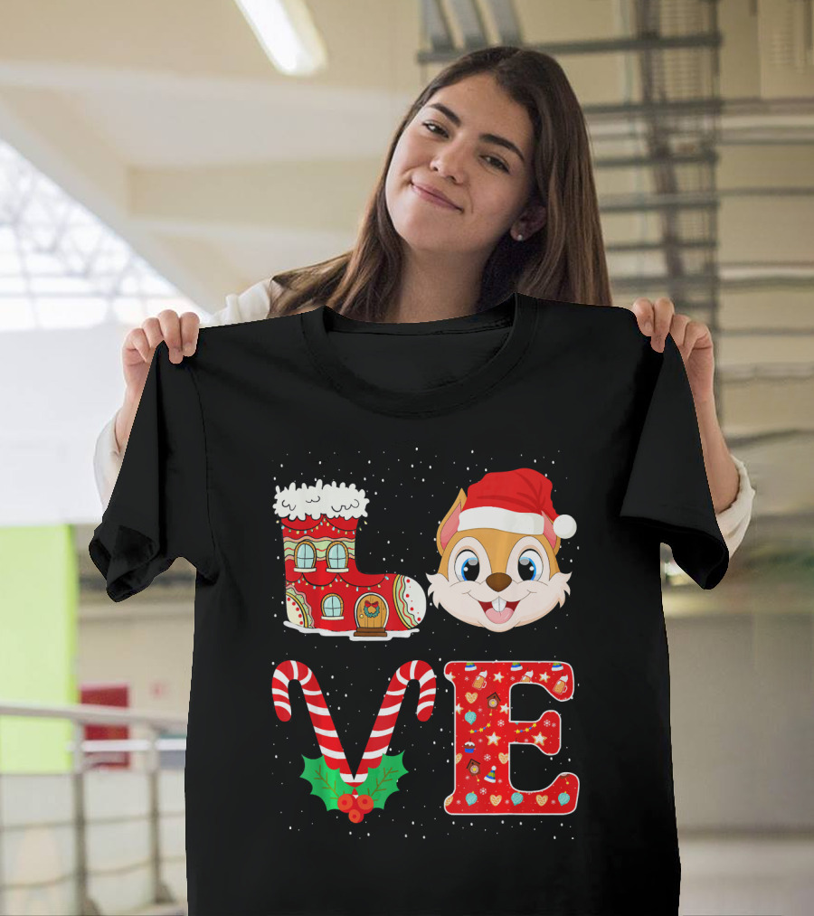 I Love Christmas Squirrel Santa Hat Boot Candy Canes Holiday T-Shirt