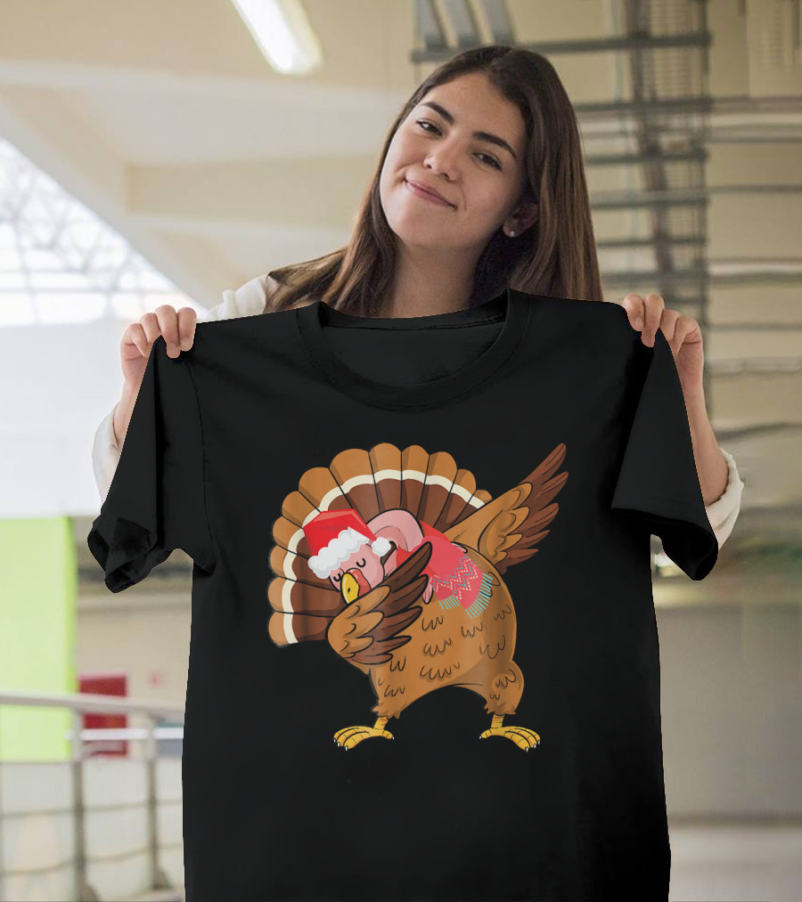 Kids Funny Dabbing Turkey Holiday Santa Hat T-Shirt