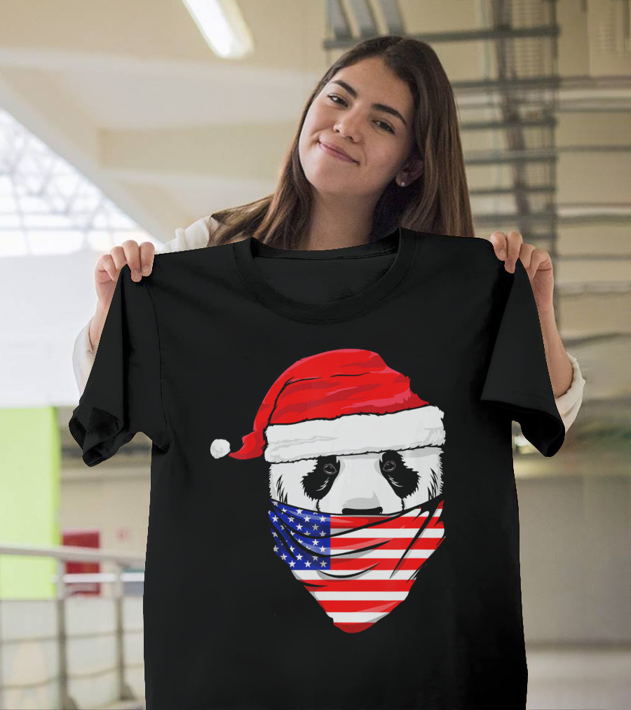 Panda Wearing Santa Hat and American Flag Bandana T-Shirt