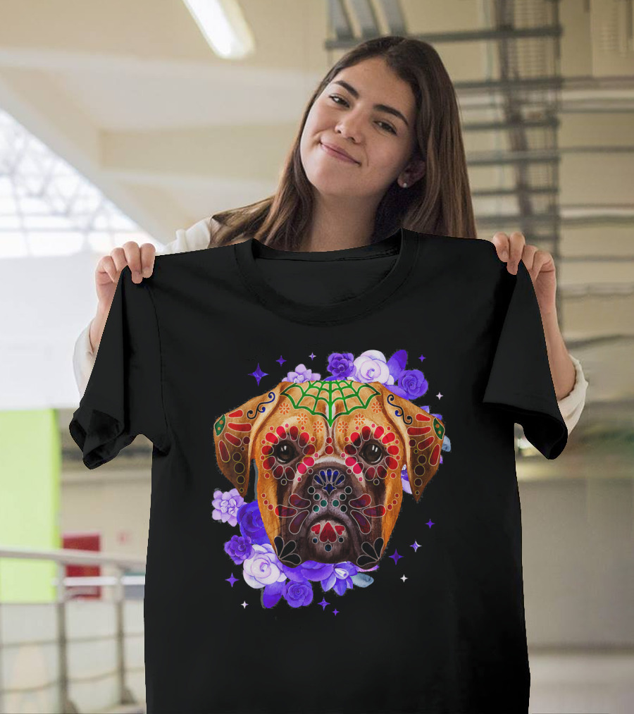 Boxer Dogs Day Of The Dead Sugar Skull Floral Purple Roses T-Shirt