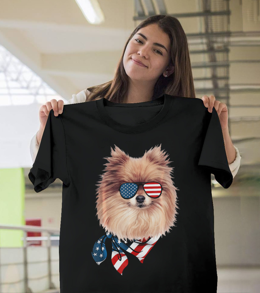 American Flag Sunglasses Pomeranian Patriotic Scarf T-Shirt