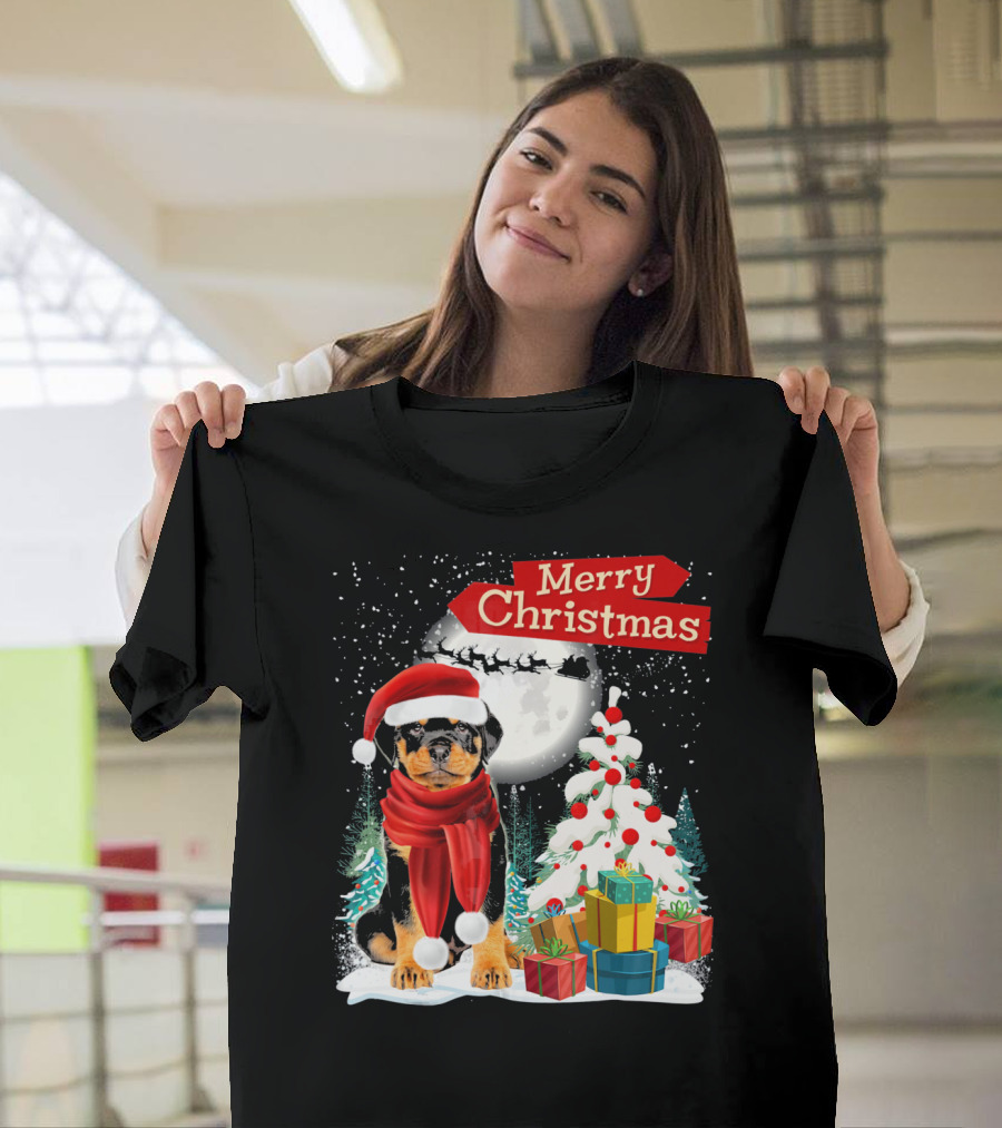 Merry Christmas Rottweiler Dog Santa Moon Tree Gifts T-Shirt