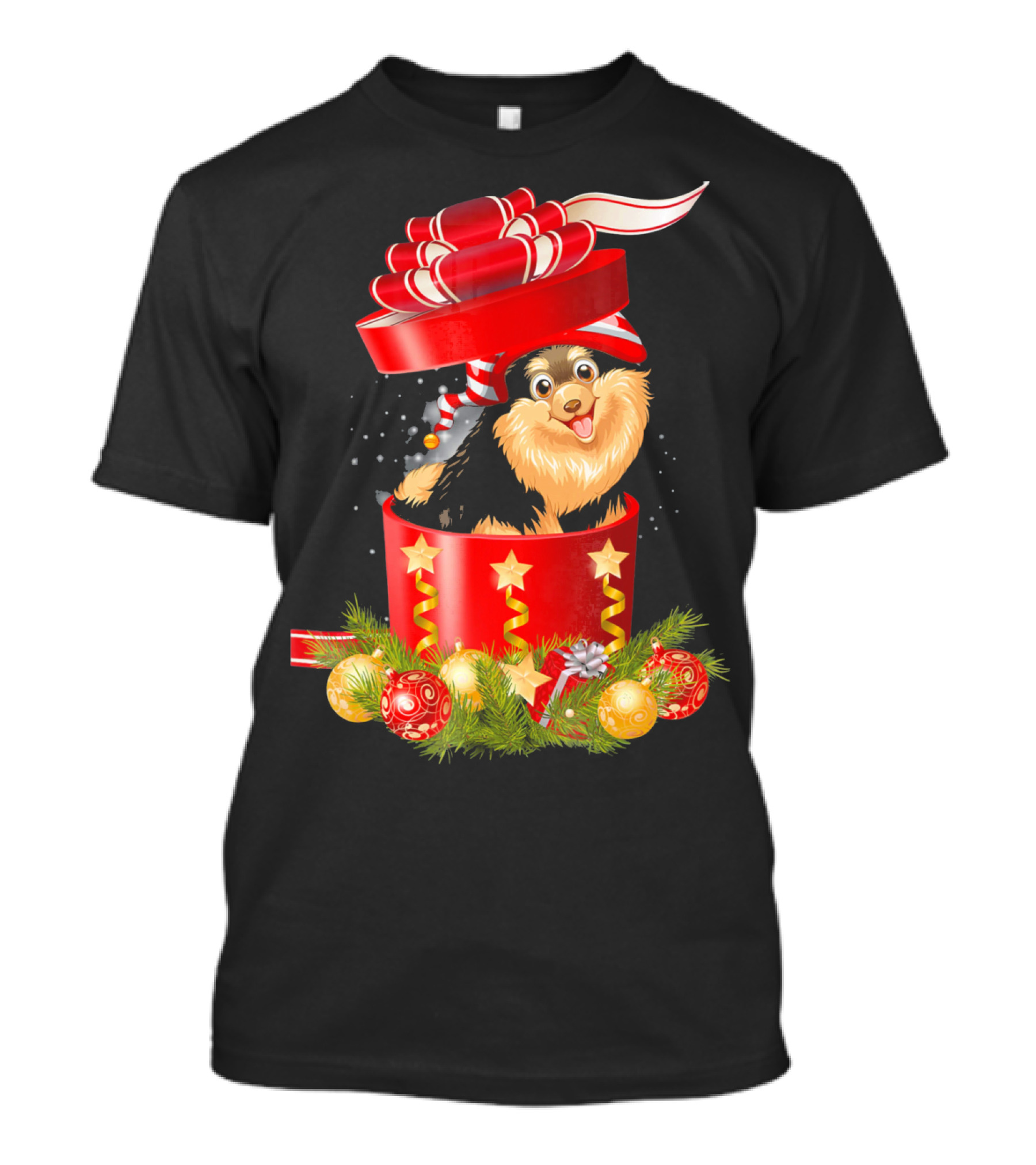 Pomeranian Puppy In Festive Christmas Gift Box With Ribbon And Ornaments T-Shirt
