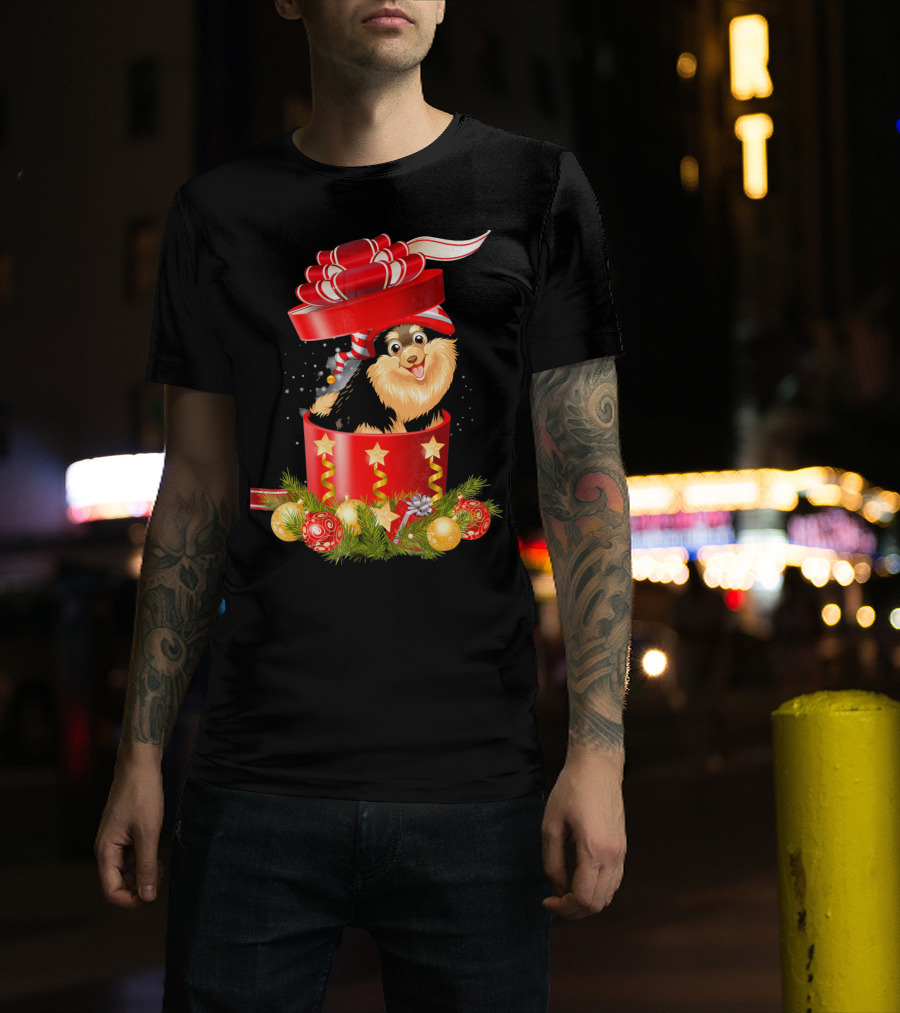 Pomeranian Puppy In Festive Christmas Gift Box With Ribbon And Ornaments T-Shirt