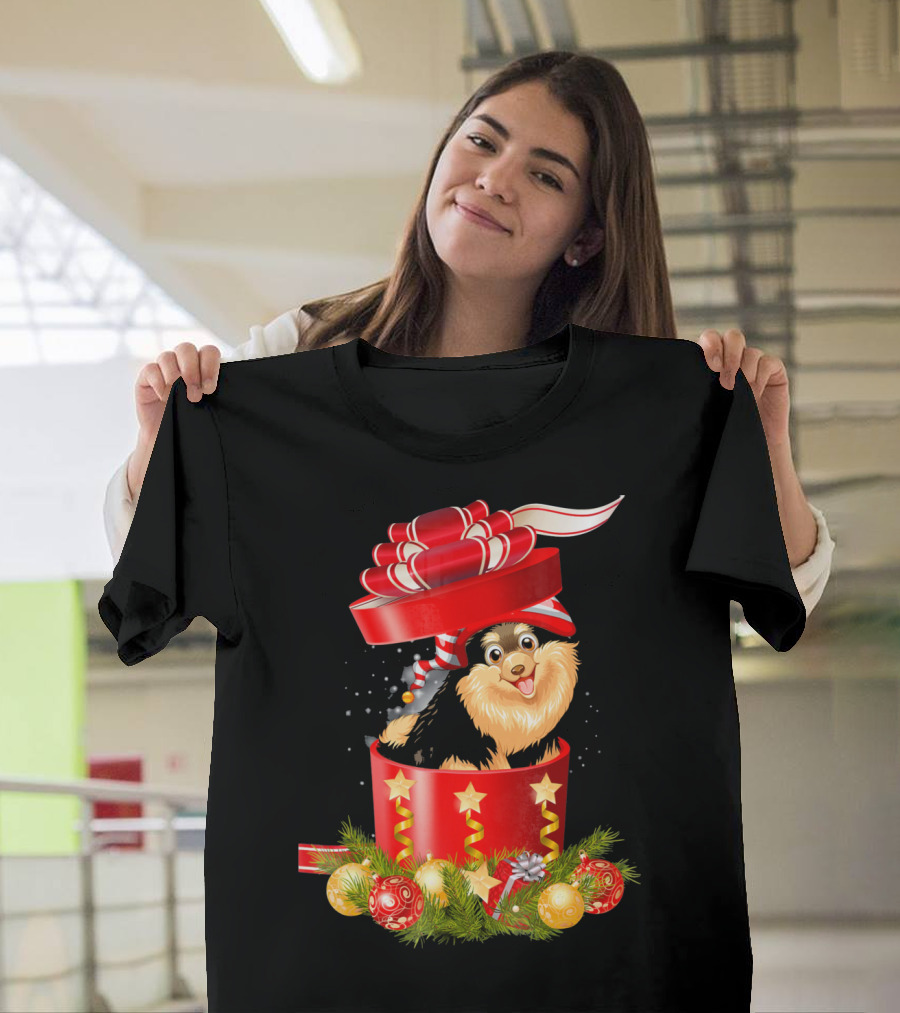 Pomeranian Puppy In Festive Christmas Gift Box With Ribbon And Ornaments T-Shirt
