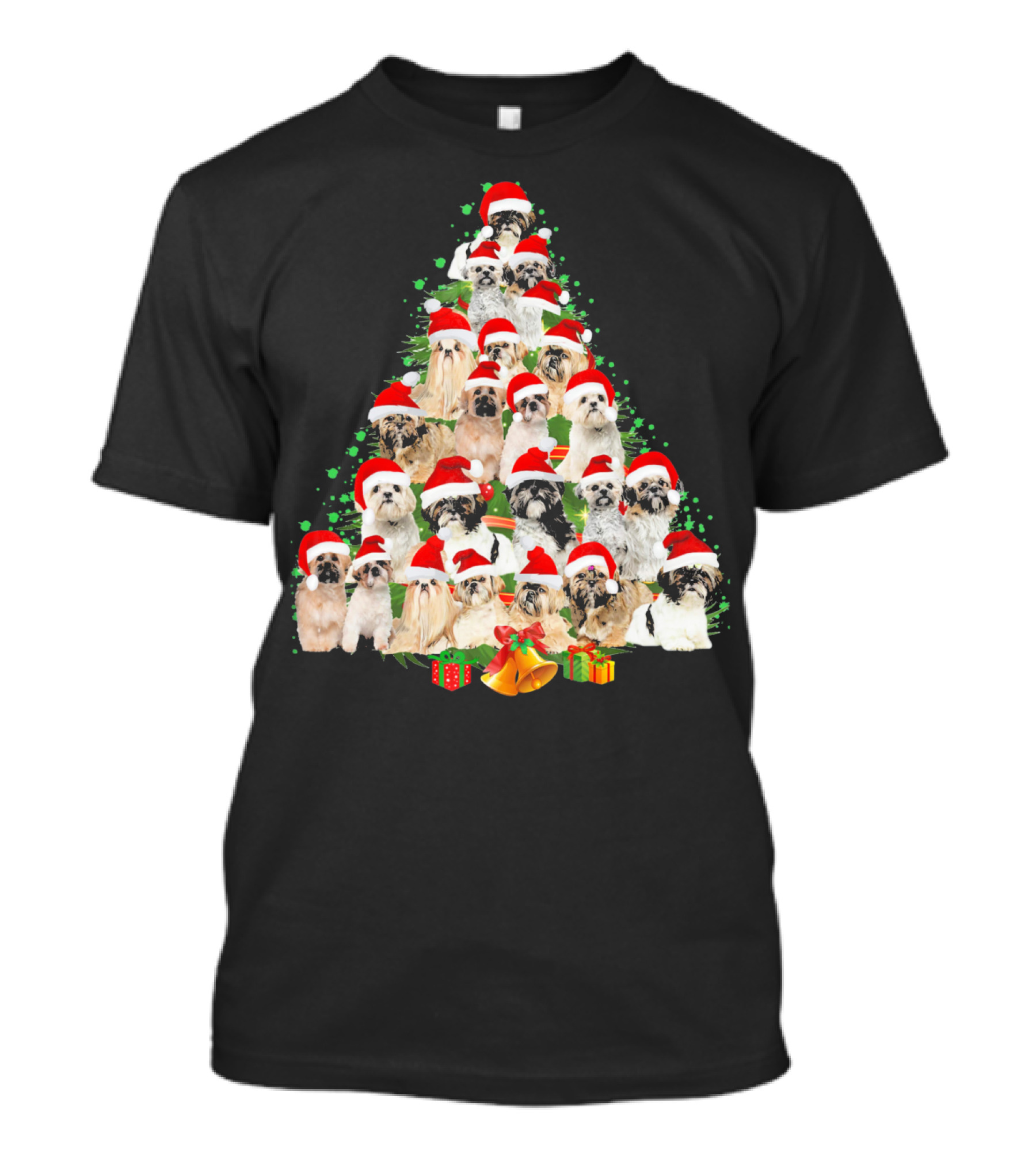 Shih Tzu Christmas Tree Santa Hat Festive Dogs T-Shirt