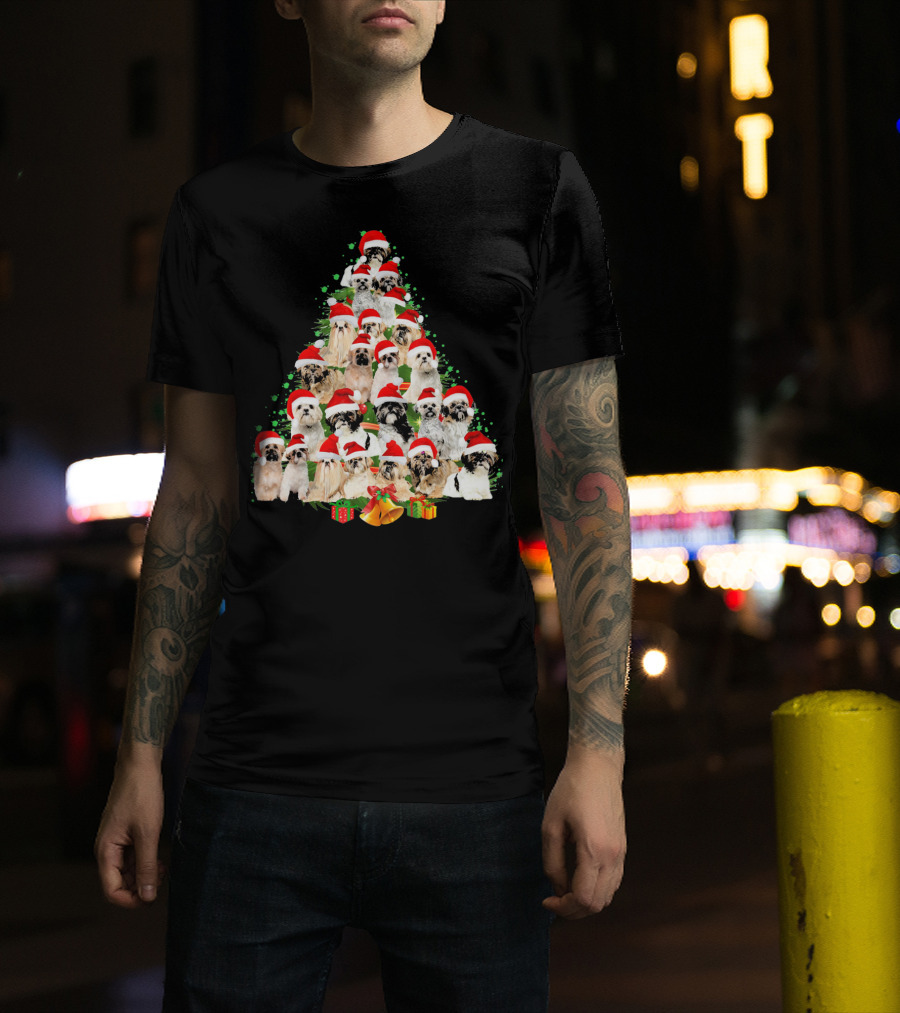 Shih Tzu Christmas Tree Santa Hat Festive Dogs T-Shirt