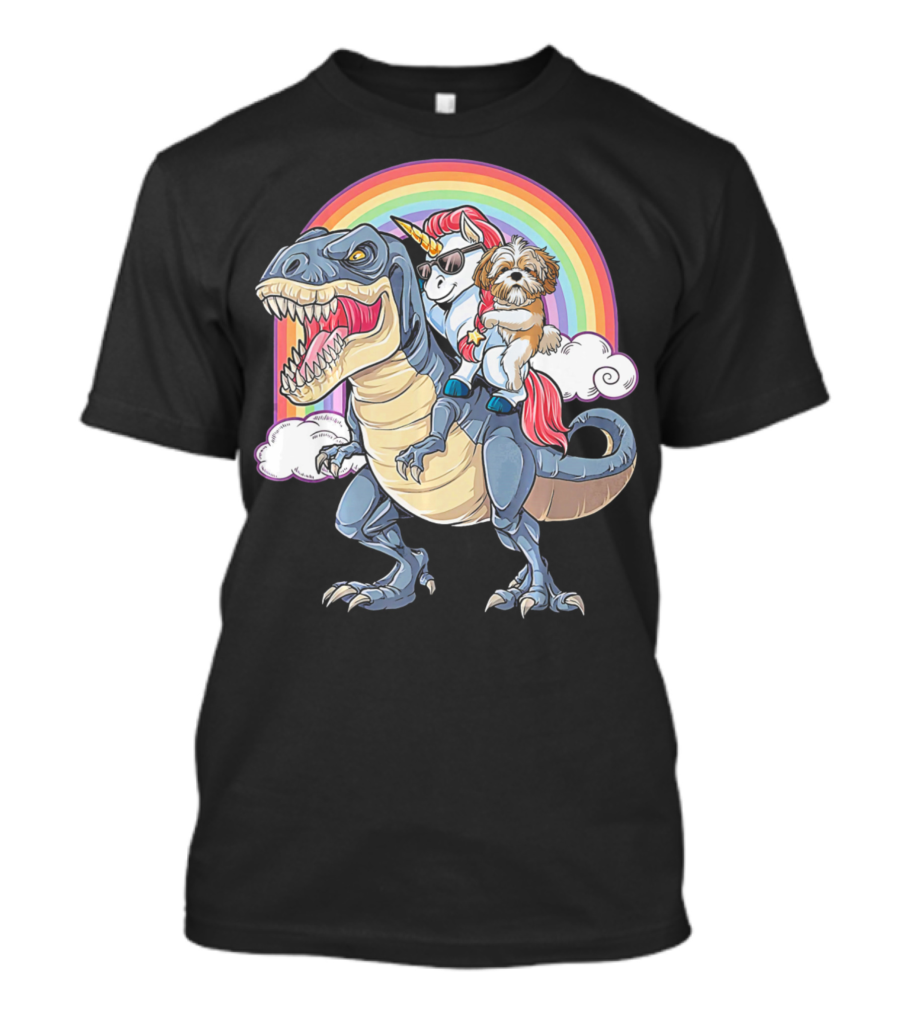 Shih Tzu And Unicorn Ride T-Rex Like Boss Rainbow Clouds T-Shirt