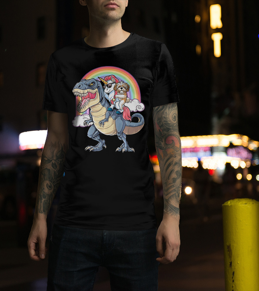 Shih Tzu And Unicorn Ride T-Rex Like Boss Rainbow Clouds T-Shirt
