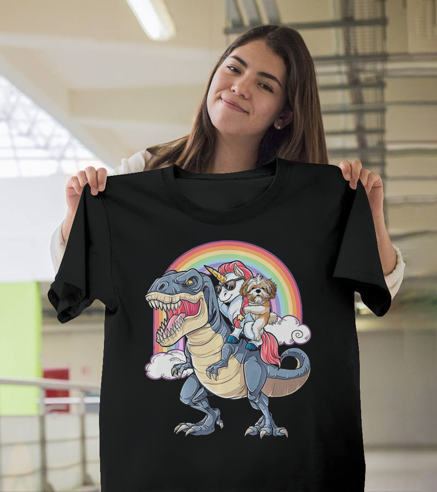 Shih Tzu And Unicorn Ride T-Rex Like Boss Rainbow Clouds T-Shirt