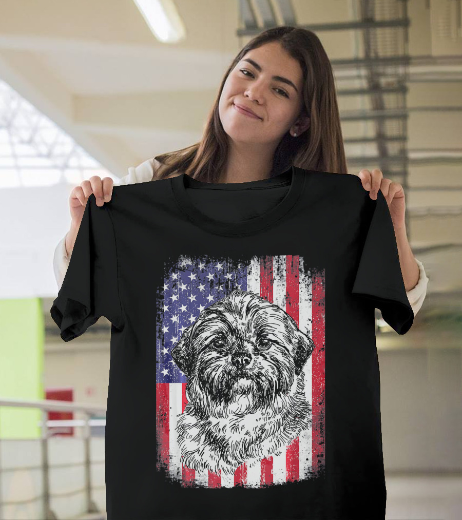 Shih Tzu American Flag Patriotic USA Dog T-Shirt