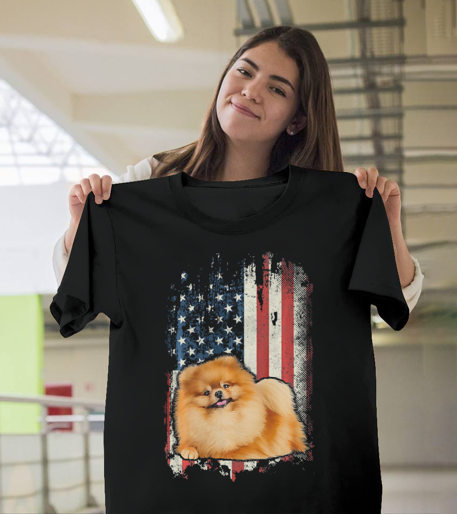 Pomeranian American Flag USA Patriotic Dog T-Shirt