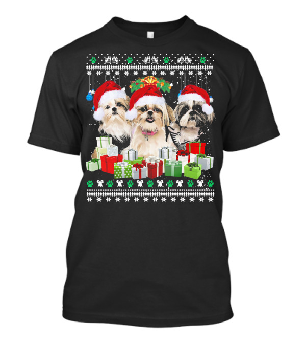 Merry Christmas Shih Tzu Dogs Santa Hats And Gifts T-Shirt