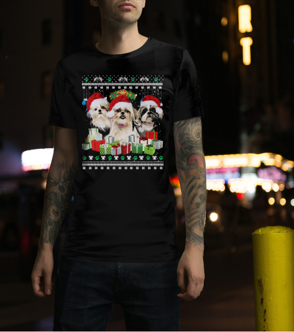 Merry Christmas Shih Tzu Dogs Santa Hats And Gifts T-Shirt