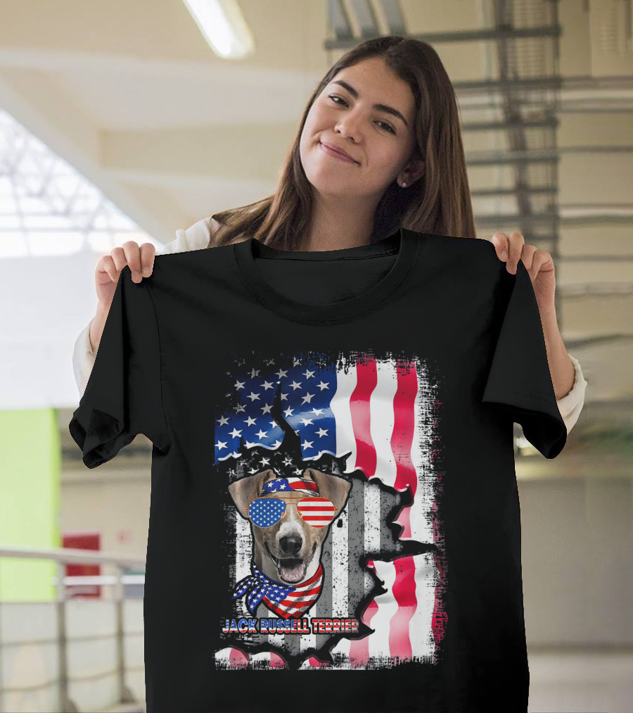 Jack Russell Terrier American Flag Sunglasses and Bandana Patriotic T-Shirt