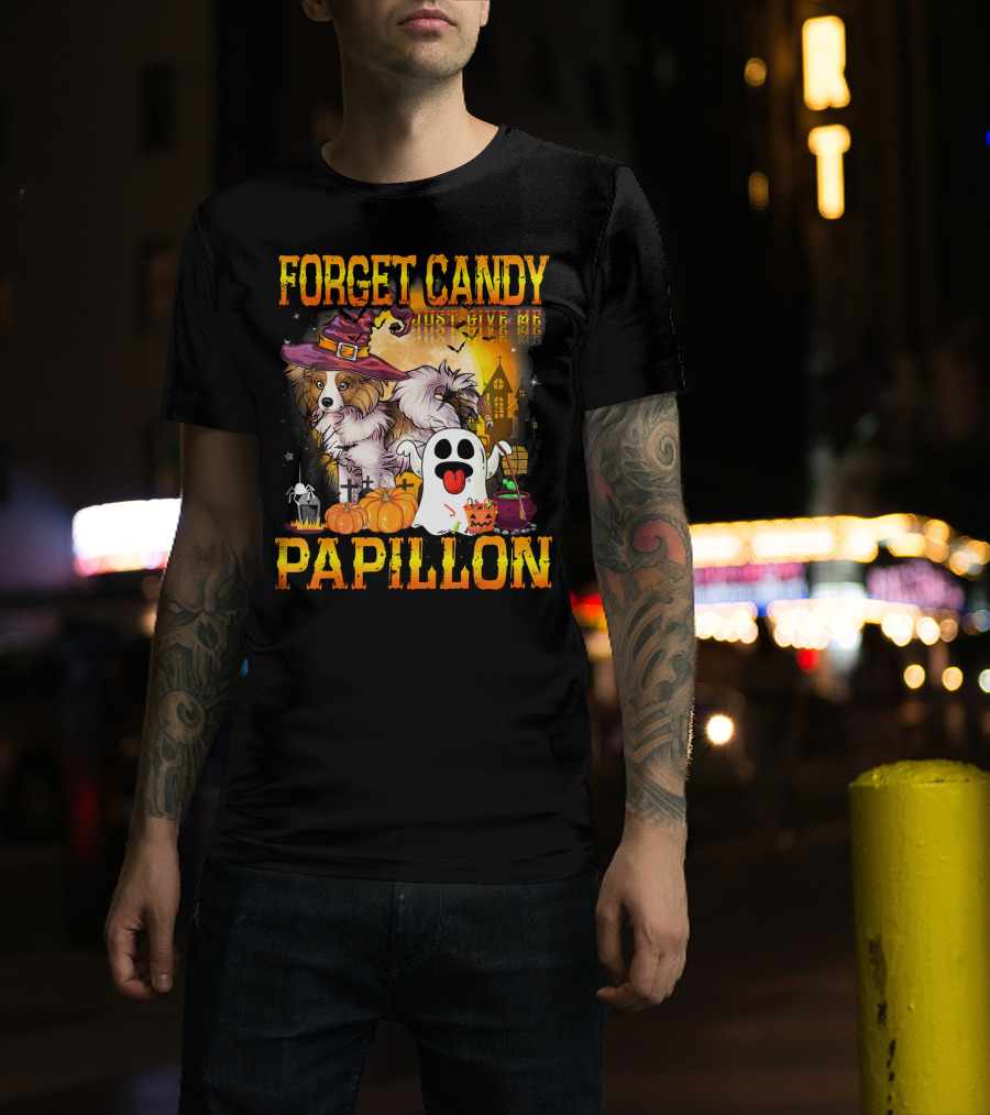 Forget Candy Just Give Me Papillon Halloween Dog Ghost Pumpkins T-Shirt