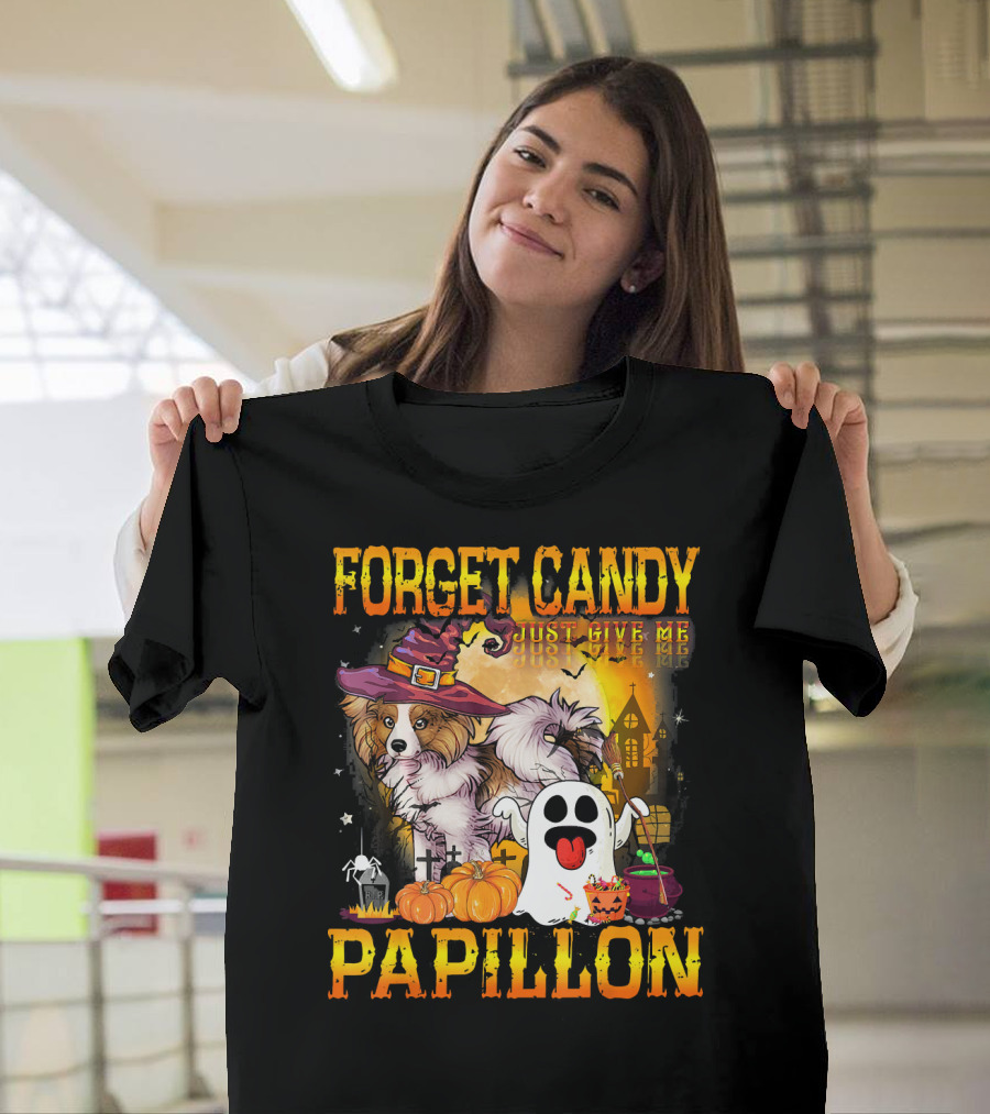 Forget Candy Just Give Me Papillon Halloween Dog Ghost Pumpkins T-Shirt