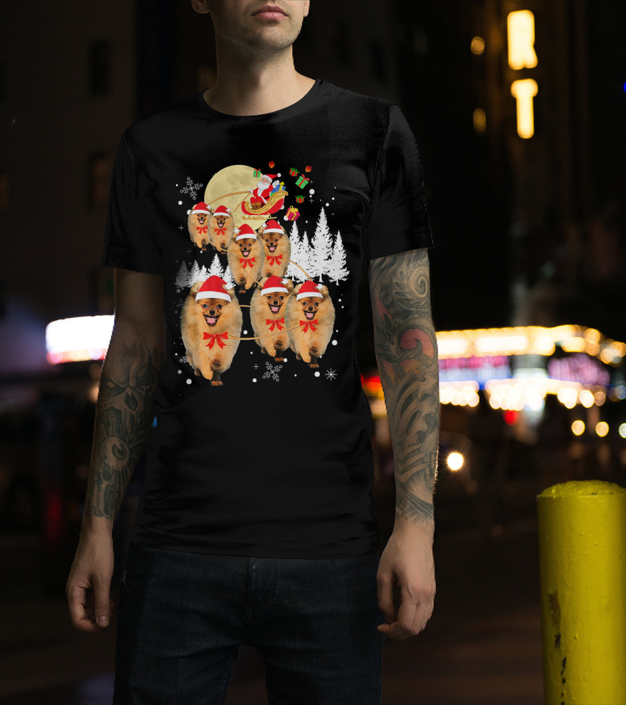 Pomeranian Christmas Reindeer Moon With Santa Sleigh And Presents T-Shirt