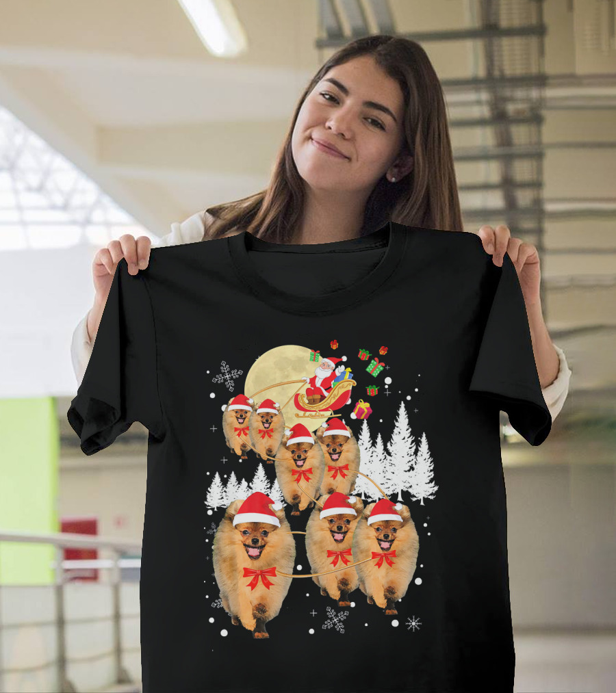 Pomeranian Christmas Reindeer Moon With Santa Sleigh And Presents T-Shirt
