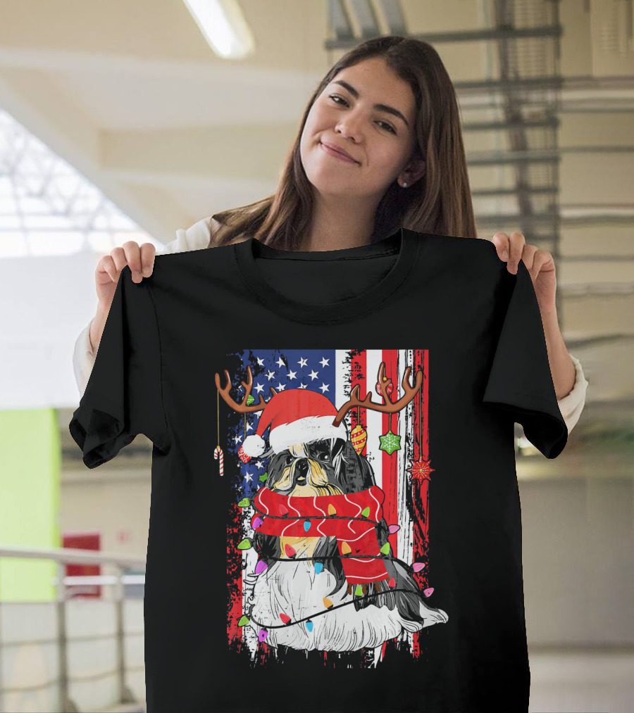 Shih Tzu with Antlers and Santa Hat Christmas Lights USA Flag Background T-Shirt