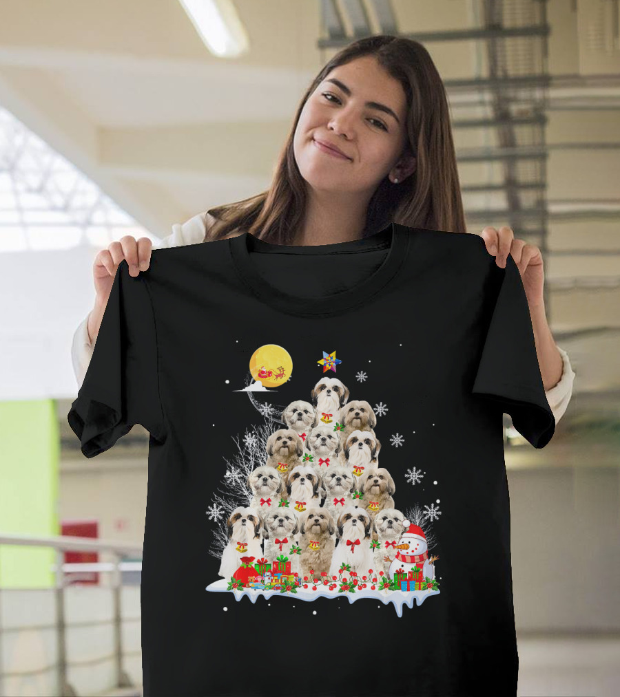 Shih Tzu Dog Christmas Tree Reindeer Santa Snowman Pine T-Shirt