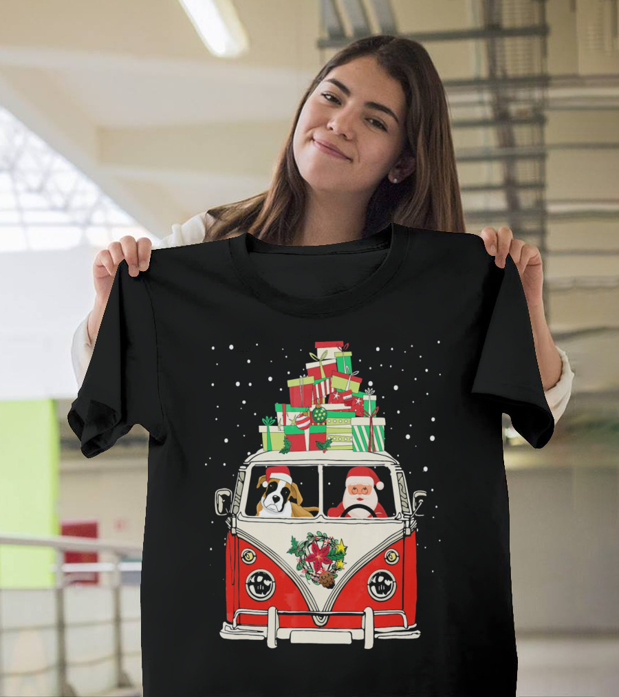 Santa and Boxer Dog Driving Red Camper Van with Christmas Gifts and Snowflakes T-Shirt
