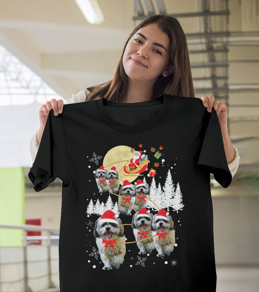 Shih Tzu Santa Sleigh Reindeer Christmas Moon Snowflakes T-Shirt