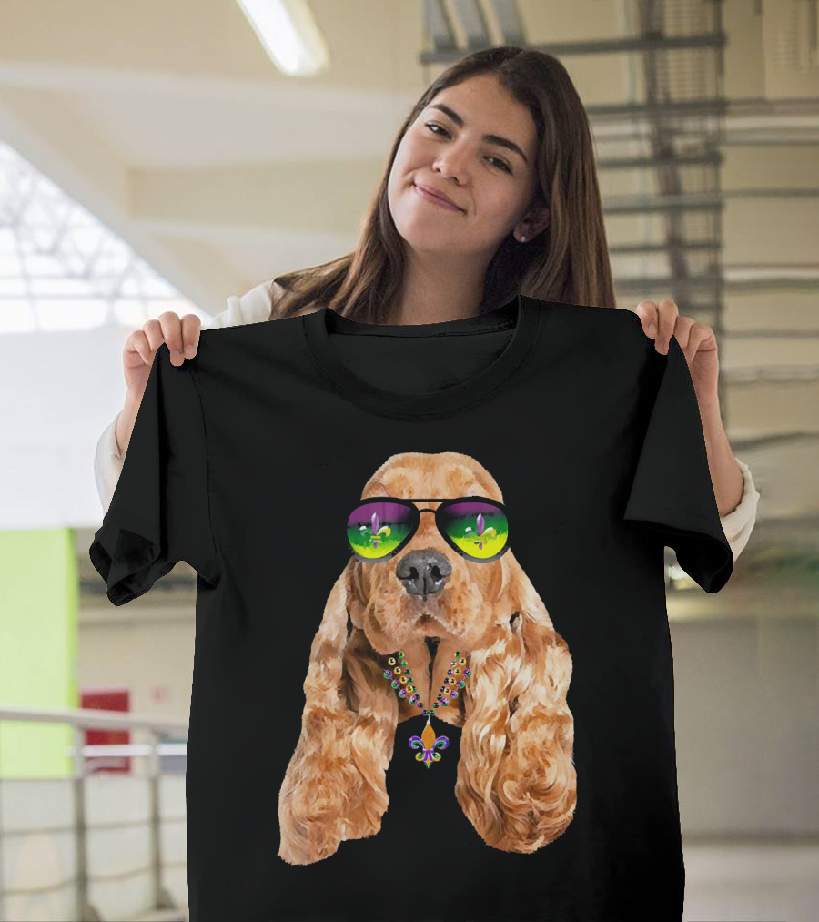 Cocker Spaniel Mardi Gras Sunglasses Fleur-de-Lis Beads T-Shirt