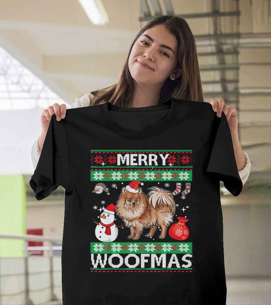 Merry Woofmas Pomeranian Dog Christmas Snowman Santa Hat T-Shirt