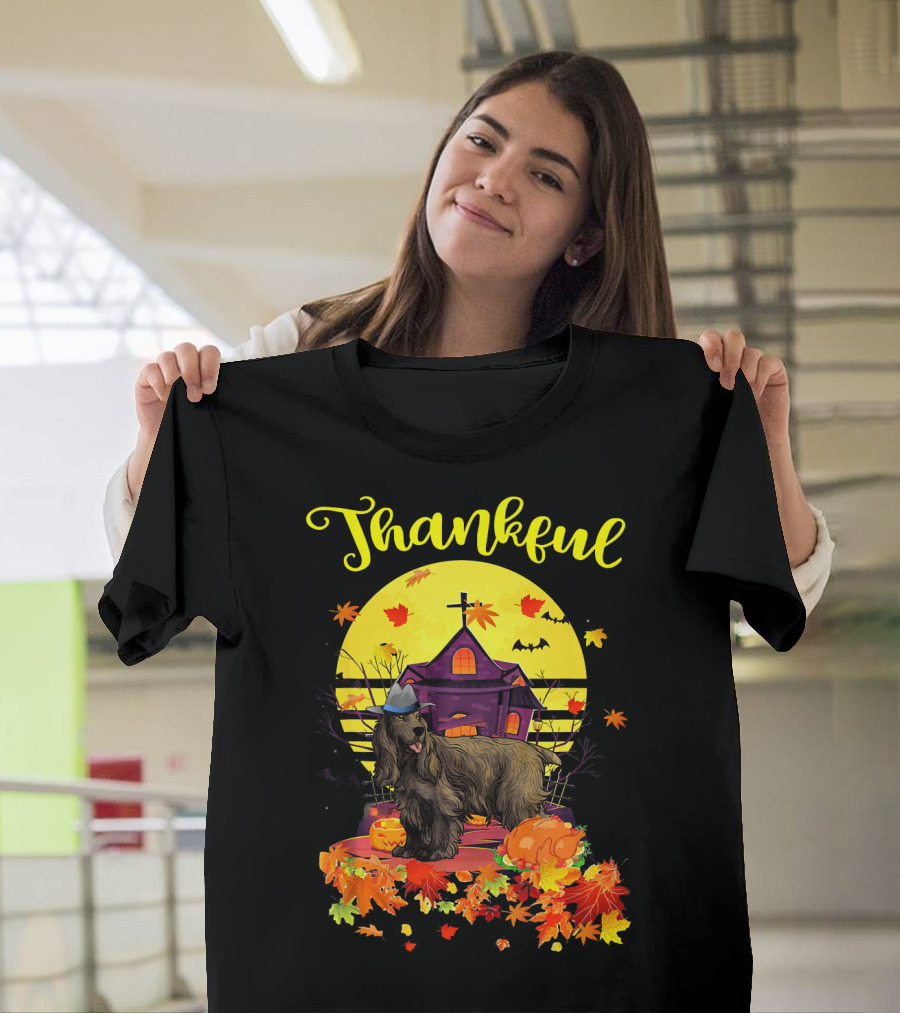 Thankful English Cocker Spaniel Dog Pilgrim Halloween Scene T-Shirt