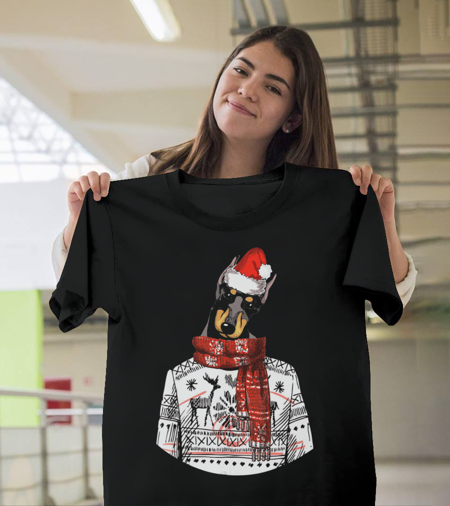 Ugly Christmas Sweater Doberman Dog with Santa Hat T-Shirt