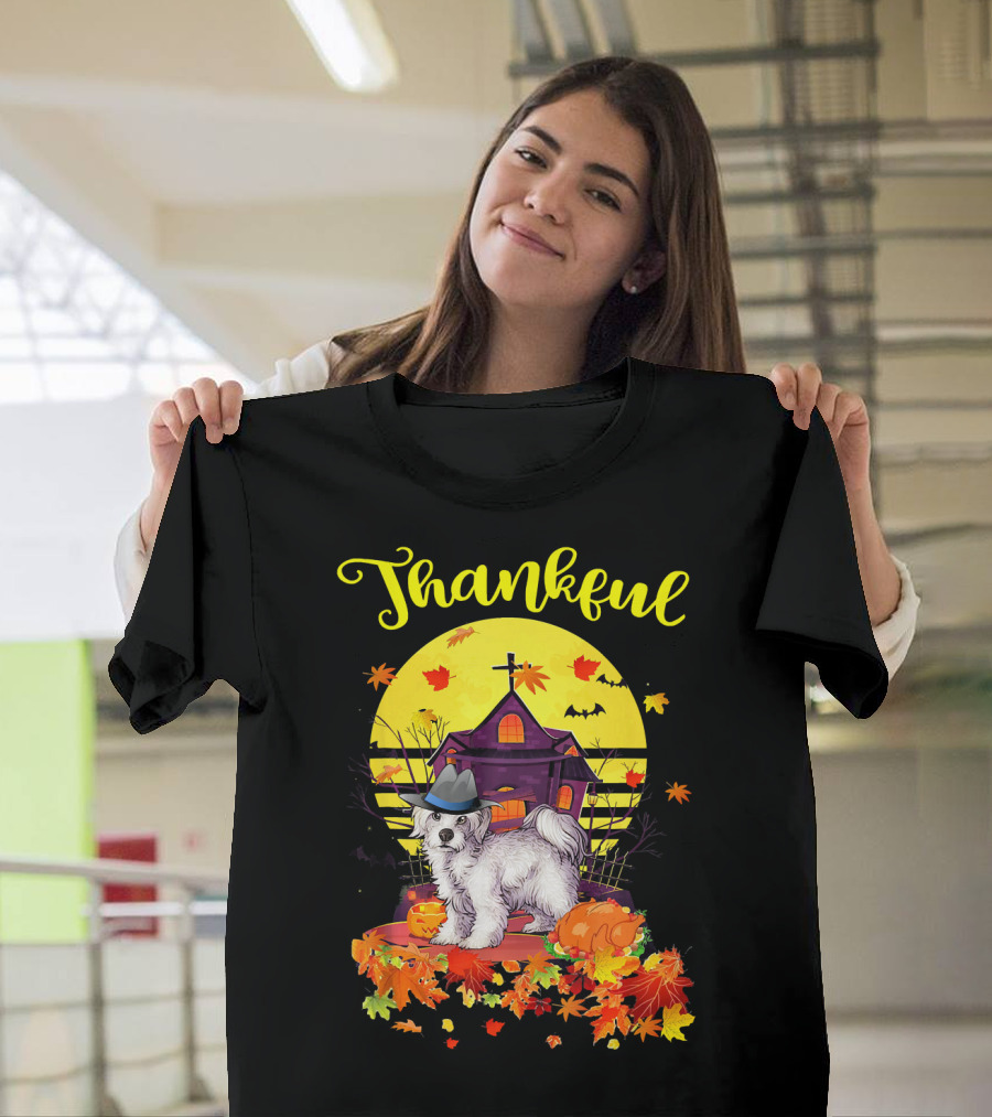 Thankful Maltese Dog Autumn Leaves Thanksgiving Scene T-Shirt