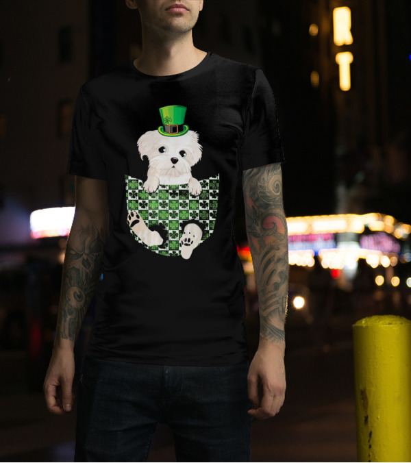 Maltese Pocket Patrick Hat Green Shamrock Checkerboard T-Shirt